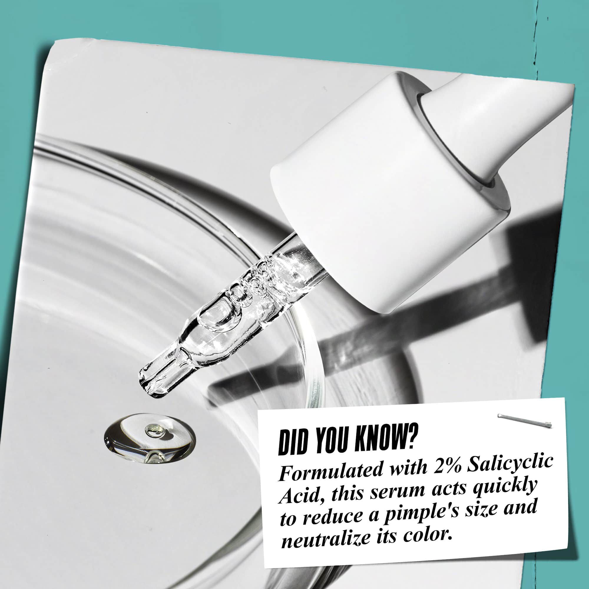 Eine Pipette, die Truly-Targeted Blemish-Clearing Solution in eine Glasschale gibt, mit dem Text: "Wussten Sie schon? Formuliert mit 2 % Salicylsaure, um die Große von Pickeln zu reduzieren und ihre Farbe zu neutralisieren."