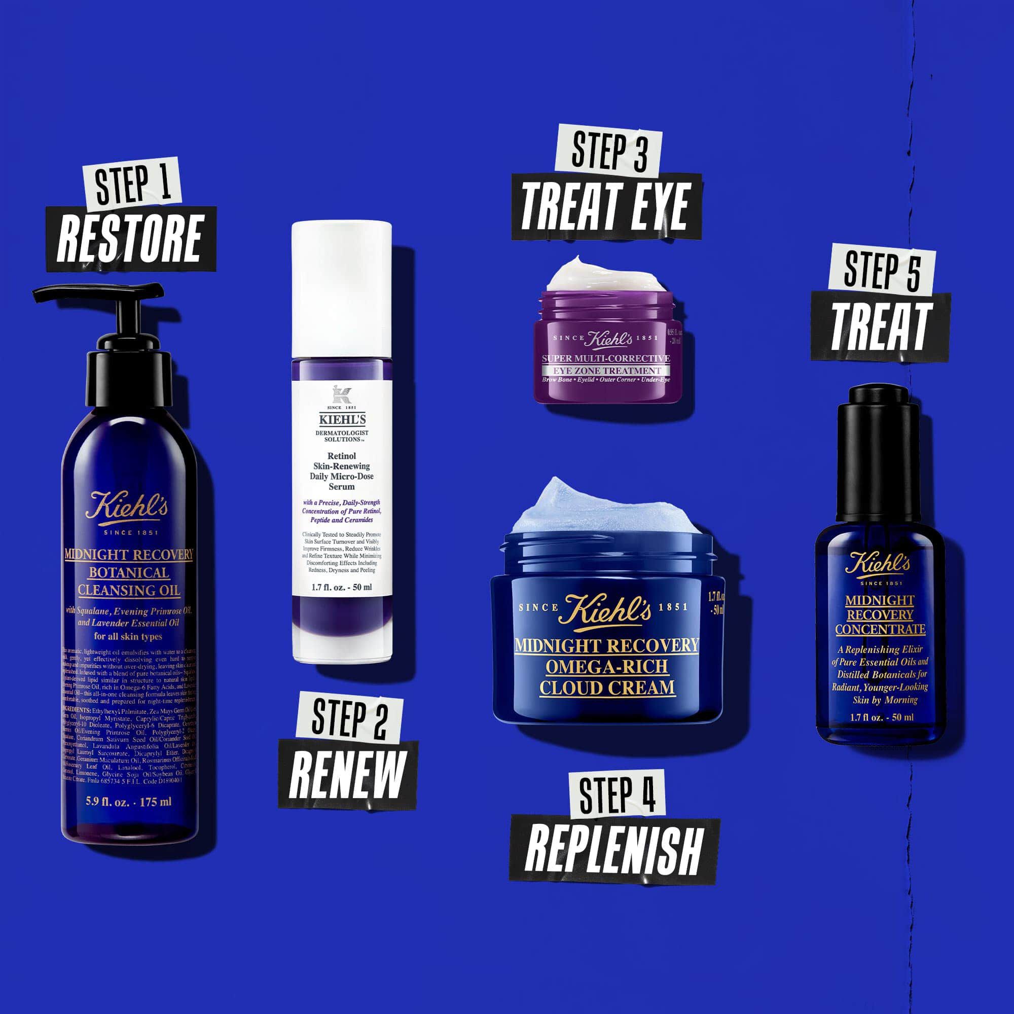 Eine funfstufige Abendroutine mit Kiehl's Produkten. Von links nach rechts: Reinigung, Retinol-Serum, Augencreme, Feuchtigkeitscreme und Midnight Recovery Concentrate.