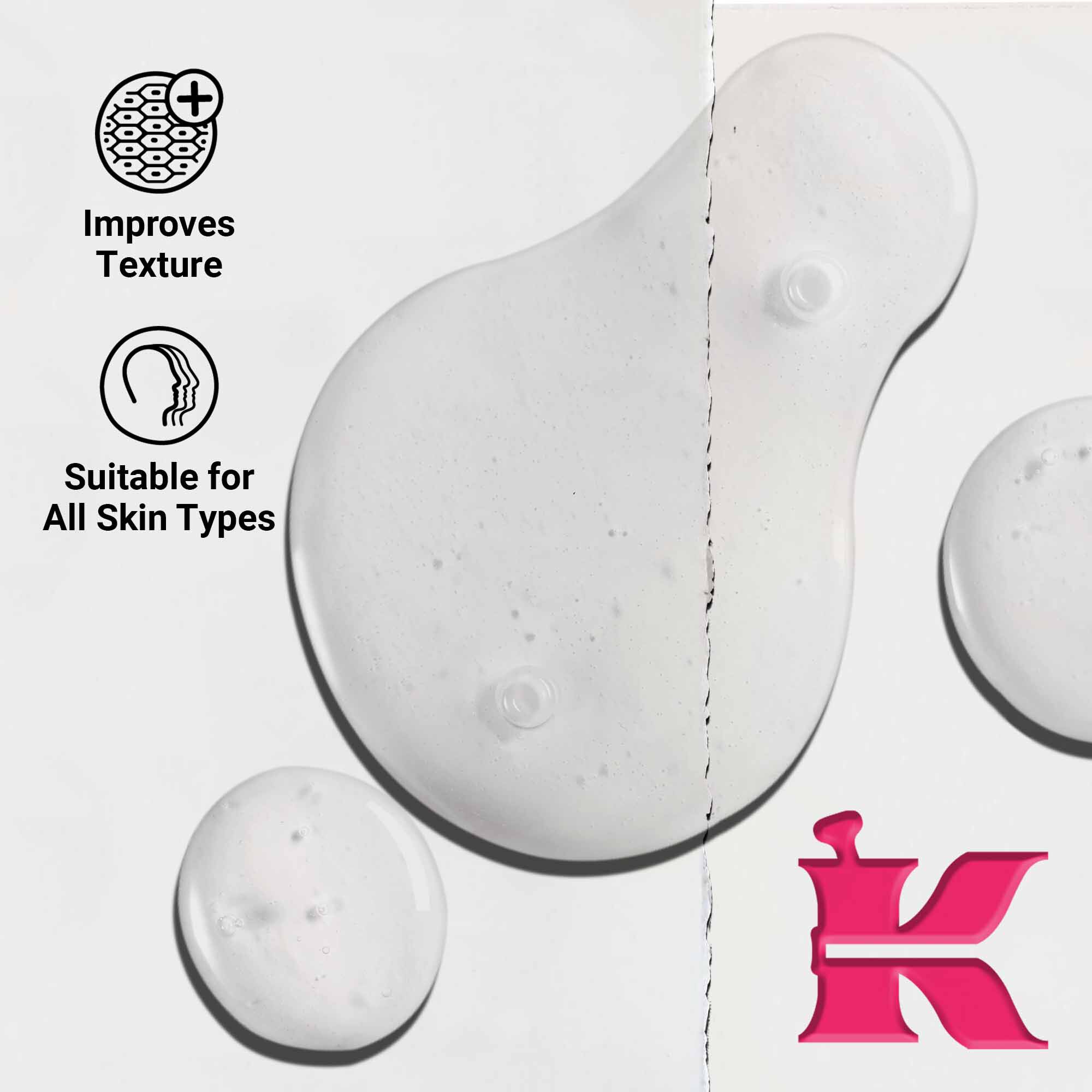 Nahaufnahme der Textur des Ultra Pure 9.8% Glycolic Acid Serums, die klare Flussigkeitstropfen zeigt. Der Text hebt die Fahigkeit hervor, die Textur zu verbessern, sowie die Eignung fur alle Hauttypen.