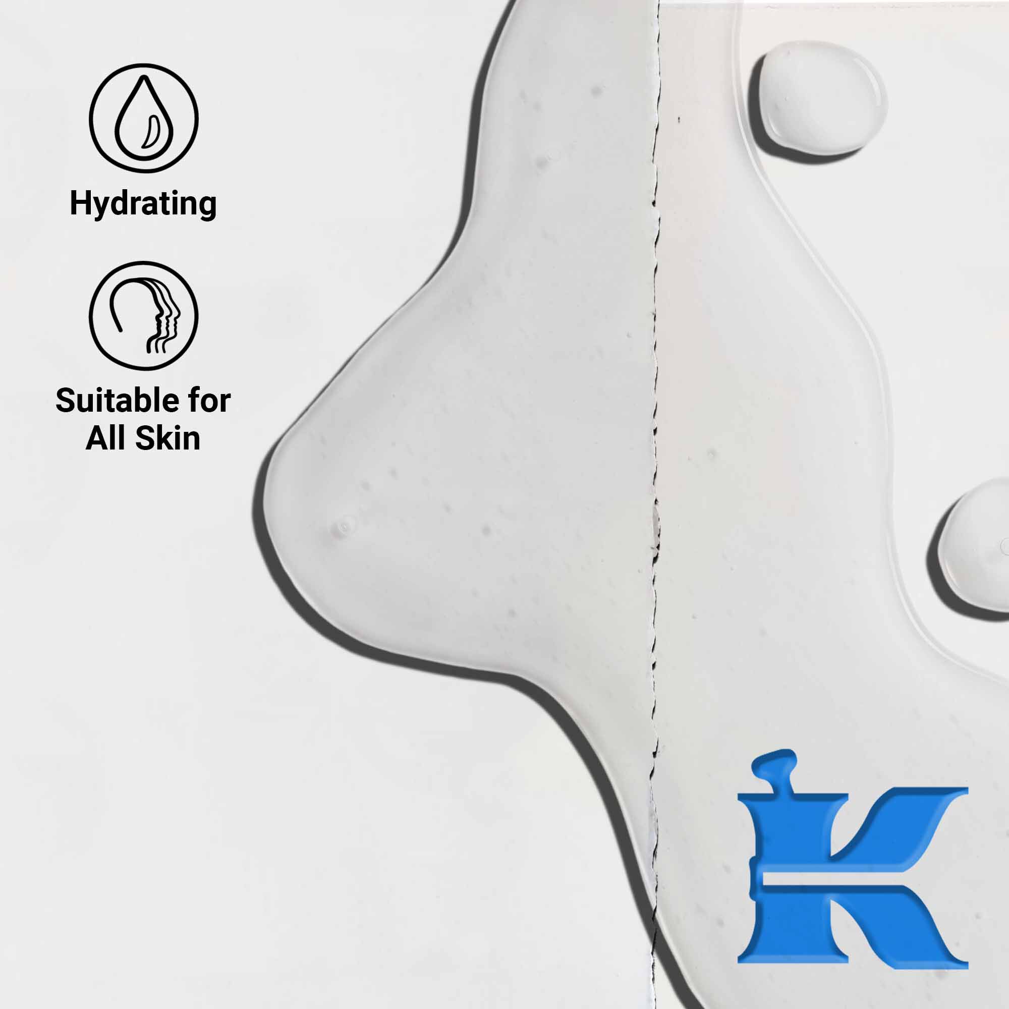 Nahaufnahme der Textur des Ultra Pure 1.5% Hyaluronic Acid Serums, die klare Flussigkeitstropfen zeigt. Der Text hebt die feuchtigkeitsspendenden Vorteile und die Eignung fur alle Hauttypen hervor.