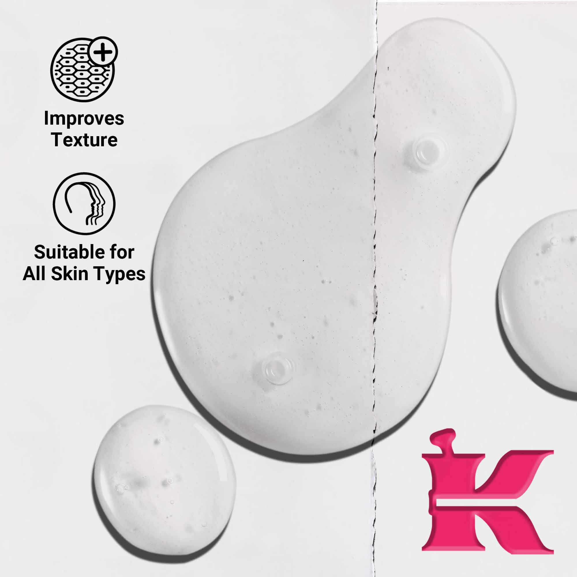 Nahaufnahme der Textur des Ultra Pure 9.8% Glycolic Acid Serums, die klare Flussigkeitstropfen zeigt. Der Text hebt die Fahigkeit hervor, die Textur zu verbessern, sowie die Eignung fur alle Hauttypen.
