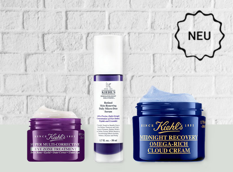 Abbildung von drei neuen Kiehls Produkten und einem Storer mit Neu