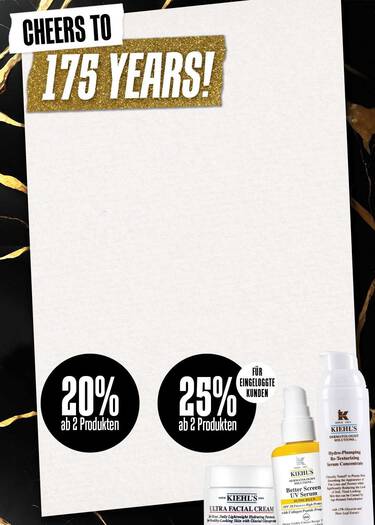 Kiehl's Cheers to 175 Years – 20% Rabatt ab 2 Produkten, 25% fur Loyalty-Kunden, Code CHEERS, mit Ultra Facial Cream, Better Screen UV Serum und Hydro-Plumping Re-Texturizing Serum Concentrate