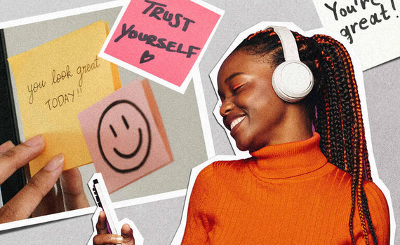 Collage mit junger Frau, die ein Smartphone in der Hand halt, Kopfhorer tragt und unterwegs ist