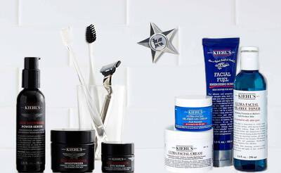 Pflegeprodukte von Kiehl's: Gesichtscremes, Toner und Werkzeug, arrangiert auf einem hellen Hintergrund.