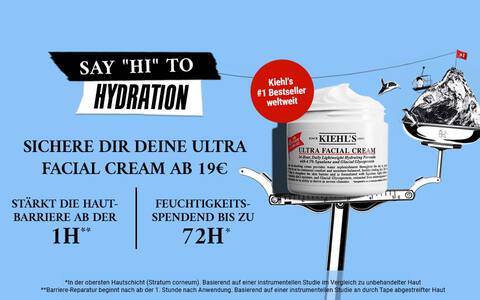 Kurze Werbeanzeige fur die Kiehl's Ultra Facial Cream mit Informationen uber Preise und Feuchtigkeitsspende.