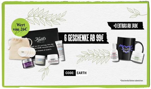 Werbebanner von Kiehl's mit zwei Geschenkangeboten: ab 99 € ein Set mit Ultra Facial Cream, Midnight Recovery Concentrate und Zugaben im Wert von 26 €; ab 149 € ein Set mit Ultra Facial Toner, Creamy Eye Treatment with Avocado und einer exklusiven My Kiehl's Rewards Tasse. *Geschenke konnen abweichen.