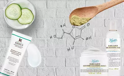 Bild zeigt Kiehl's Hautpflegeprodukte, darunter eine Gesichtsmaske, Lotion und Toner, umgeben von Gurkenscheiben und einer chemischen Struktur.