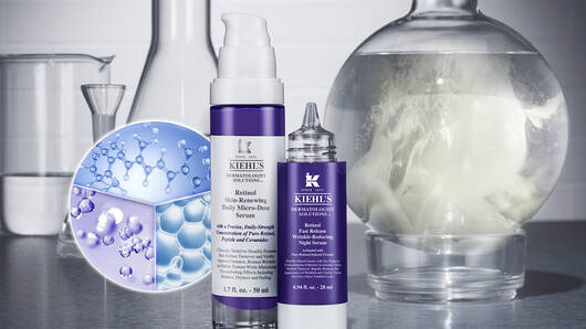 Bild des Kiehl‘s Retinol Tagesserum und Retinol Nachtserums vor verschiedenen Behaltnissen.
