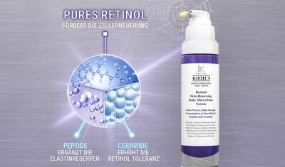 Bildcollage mit dem Retinol-Serum von Kiehl’s und einem Retinol-Molekul-Symbolbild mit Beschriftung der Inhaltsstoffe.