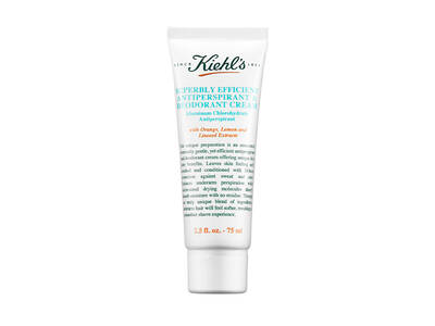 Kiehls antitranspirante Creme in einer weißen Tube mit orange-blauem Etikett, 75 ml, gegen Korpergeruch.