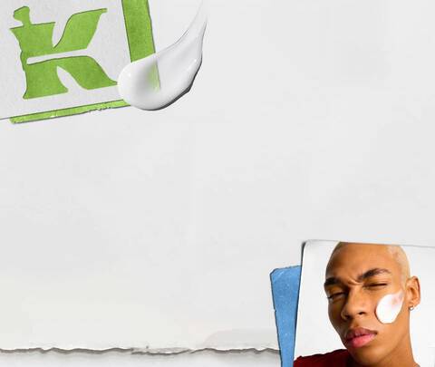 Ein junger Mann mit kurzem, blondem Haar tragt eine Gesichtscreme auf seine Wange auf, umgeben von einem hellen, minimalistischen Hintergrund mit einem Logo und dem Text "SINCE 1851".