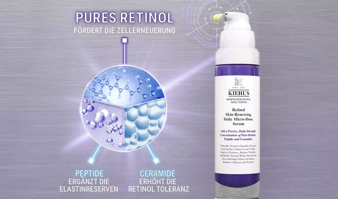 Kiehl‘s Retinol Serum mit Aufschlusselung der enthaltenen Inhaltsstoffe Peptide und Ceramide