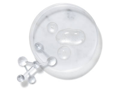 Texturbeispiel fur flussige Hyaluronsaure und visualisierte Molekulstruktur