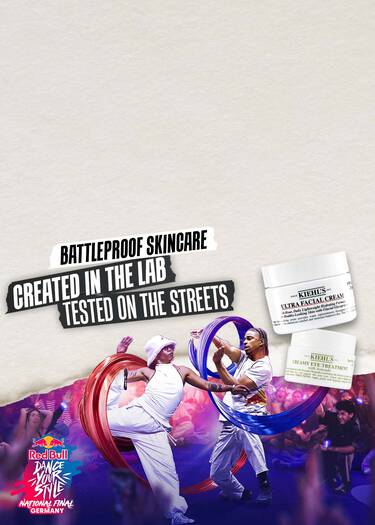 Kiehl's und Red Bull Dance Your Style National Final Kollaboration – "Battleproof Skincare, im Labor entwickelt, auf der Straße getestet", mit Ultra Facial Cream und Creamy Eye Treatment with Avocado
