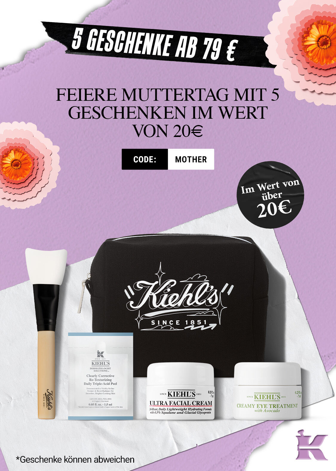 Produkte-Freisteller-Banner mit dem Text "5 Geschenke ab 79 € - Feiere Muttertag mit 5 Geschenken im Wert von 20 € - Code: Mother", mit Anmerkung "*Geschenke konnen abweichen (von der dargestellten Produktauswahl im Image)"