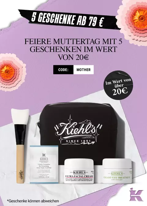 Produkte-Freisteller-Banner mit dem Text "5 Geschenke ab 79 € - Feiere Muttertag mit 5 Geschenken im Wert von 20 € - Code: Mother", mit Anmerkung "*Geschenke konnen abweichen (von der dargestellten Produktauswahl im Image)"