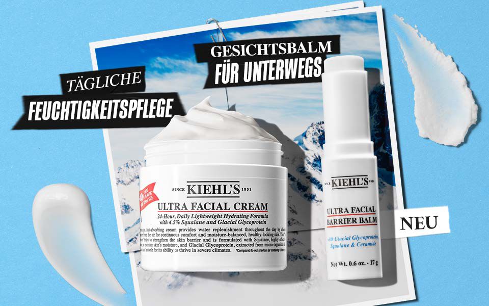 Alt-Text: Auf einem blauen Hintergrund sind ein Tiegel mit Gesichtscreme und ein Flaschchen mit Gesichtsbalm von Kiehl's abgebildet, umgeben von cremigen Texturen. Der Text „Tagliche Feuchtigkeitspflege“ und „NEU“ erganzt das Bild.