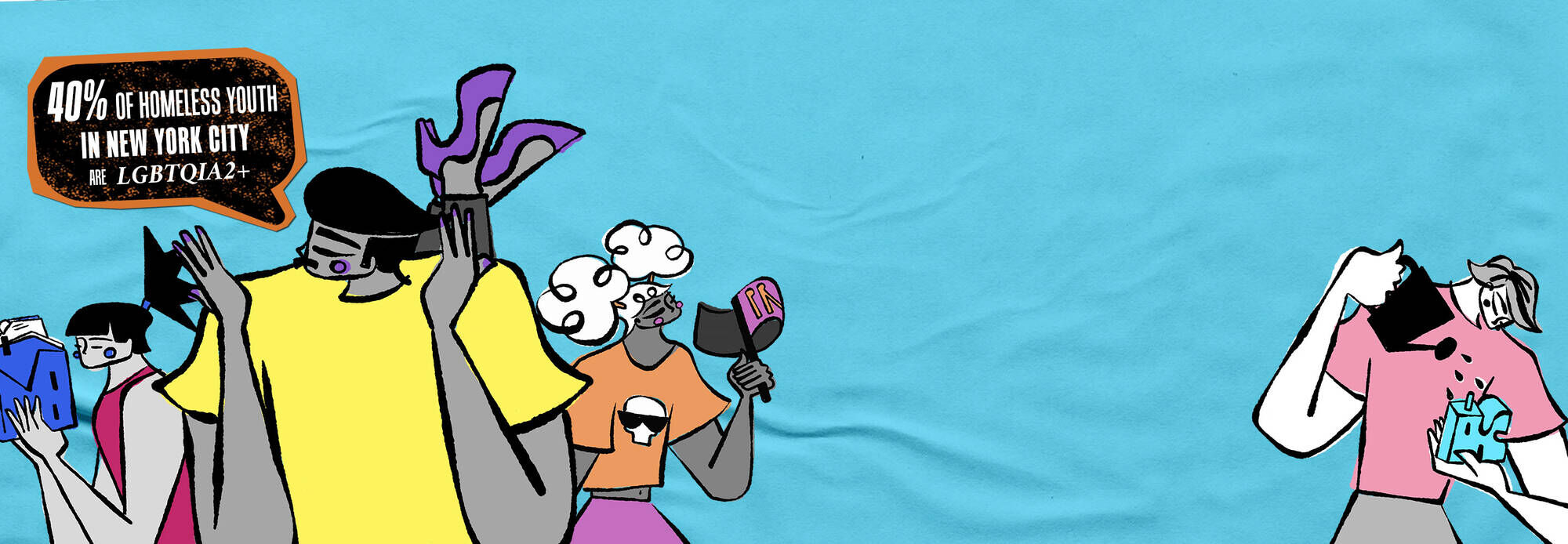 Illustration von einer Gruppe junger Menschen, die in kreativen Posen stehen und Spaß haben. Text: "40 % der queer jungen Menschen in New York City."