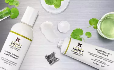 Kiehl's Duschgel "Made for All" und Lavendel-Schaumbad mit Aloe und Meersalz, umgeben von Aloe Vera und Blumen.