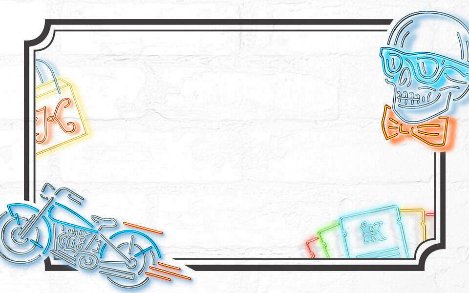 Bunte Neon-Icons von einem Motorrad, einem Schloss, einer Skulptur und einer Flasche, eingerahmt in einem weißen Hintergrund.