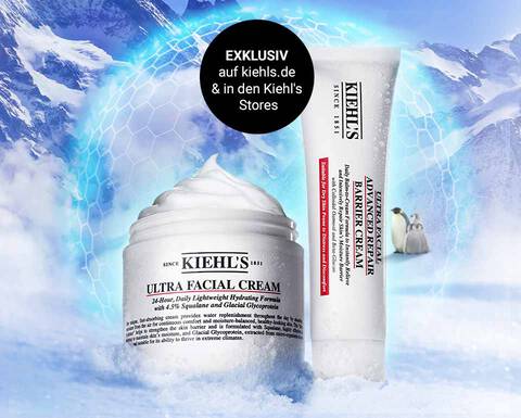 Alt-Text: Kiehl's Ultra Facial Cream und Tube auf einem Hintergrund mit schneebedeckten Bergen, mit dem Hinweis "Exklusiv auf Kiehl's.de & in den Kiehl's Stores".