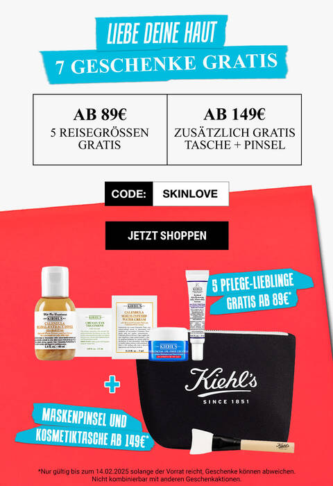 Alt-Text: Werbeanzeige fur Kiehl's mit Informationen zu kostenlosen Geschenken bei Bestellungen ab 89 € und 149 € sowie dem Rabattcode "SKINLOVE".