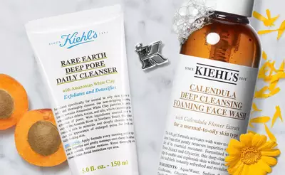 Zwei Kiehl's Gesichtsreiniger: Rare Earth Deep Pore Daily Cleanser und Calendula Deep Cleansing Foaming Face Wash.