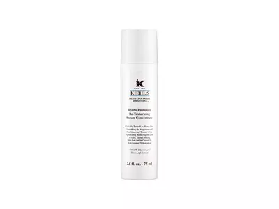 Eine Flasche Kiehl's Hydro-Plumping Re-Texturizing Serum Concentrate mit weißem Etikett und schwarzem Deckel.