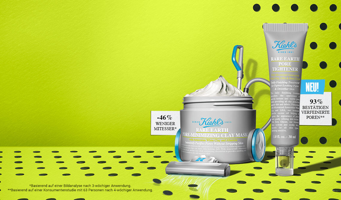 Werbebanner von Kiehl's auf limonengelbem Hintergrund mit schwarzen Punkten, der die Rare Earth Pore Minimizing Clay Mask und den Rare Earth Pore Tightener prasentiert. Neu! Mit den Wirkversprechen: -46 % weniger Mitesser* und 93 % bestatigten verfeinerte Poren**. *Basierend auf einer Bildanalyse nach 3-wochiger Anwendung. **Basierend auf einer Konsumentenstudie mit 63 Personen nach 4-wochiger Anwendung.