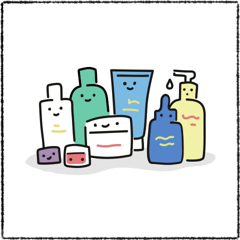 A collection of cartoon-style skincare and beauty products, including bottles, jars, and tubes, all featuring smiling faces.