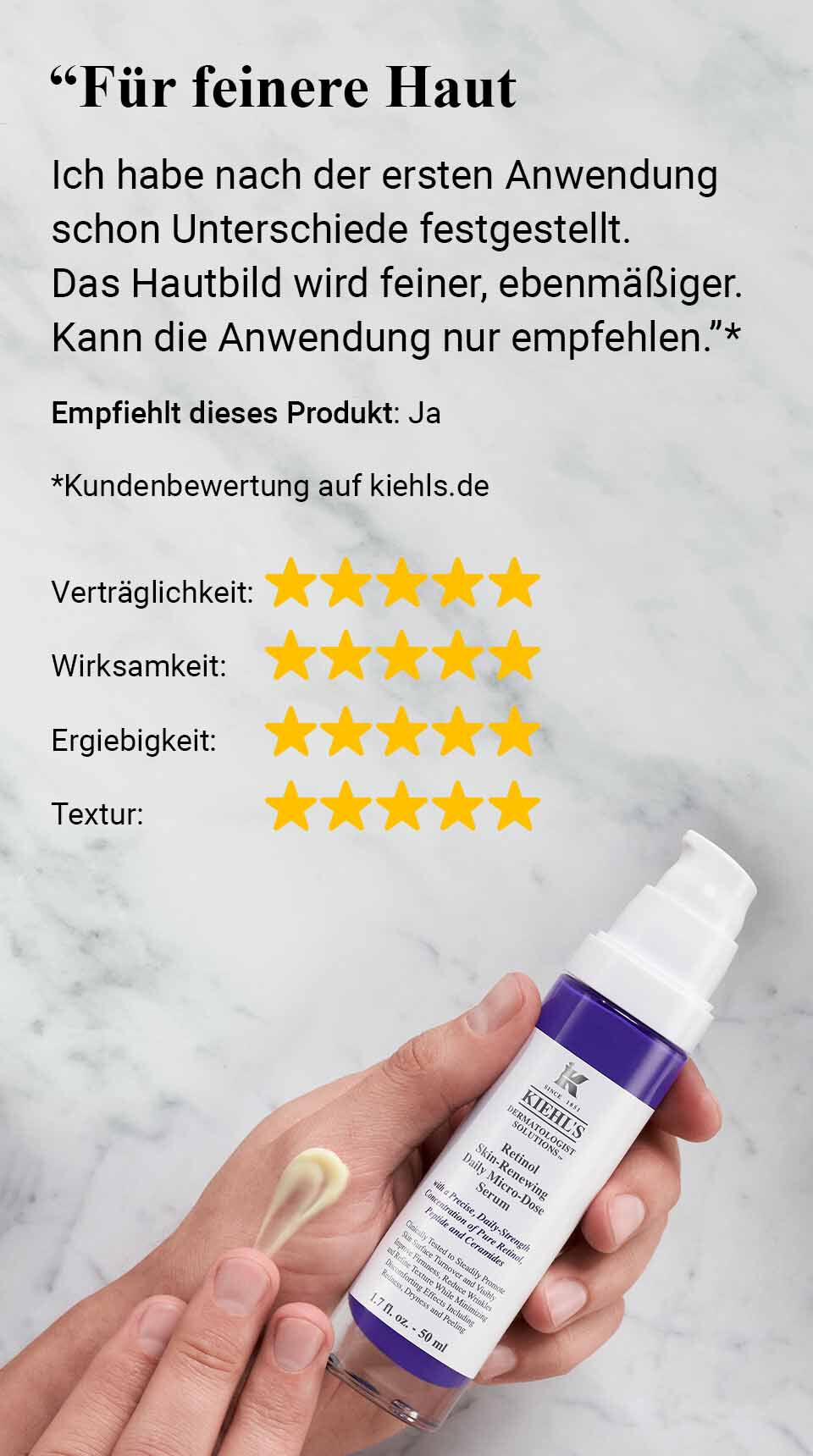 Eine Produktabbildung mit einer Beschreibung in deutscher Sprache, die von einer Person stammt, die positive Erfahrungen mit einer Hautpflege gemacht hat. Das Produkt wird fur seine Wirksamkeit und Textur gelobt.