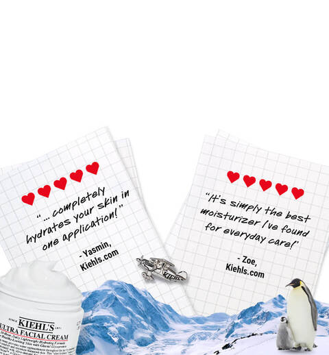 Eine Kiehls Ultra Facial Cream Packung vor einer Berglandschaft, umgeben von Notizen mit positiven Zitaten und einem Pinguin.
