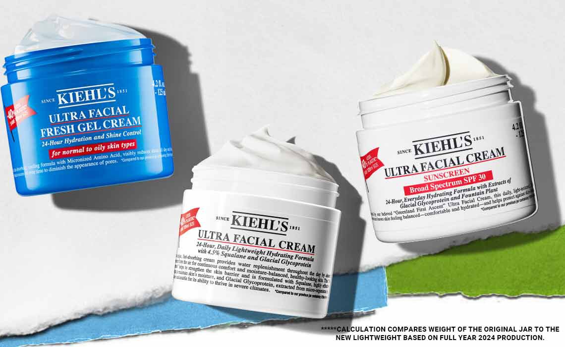 Drei Kiehl's Hautpflegeprodukte: Ultra Facial Fresh Gel Cream in Blau und zwei Ultra Facial Creams mit Sonnenschutz, alle mit Etiketten.