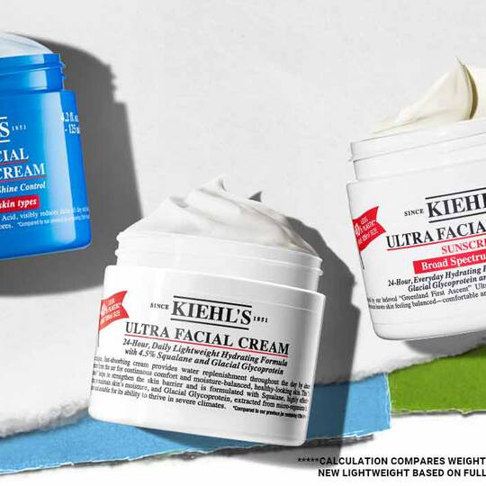 Drei Kiehl's Hautpflegeprodukte: Ultra Facial Fresh Gel Cream in Blau und zwei Ultra Facial Creams mit Sonnenschutz, alle mit Etiketten.