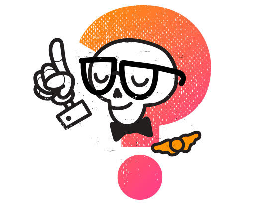 Eine stilisierte Totenkopffigur mit Brille und Fliege, die einen Schlussel halt und nachdenklich wirkt.