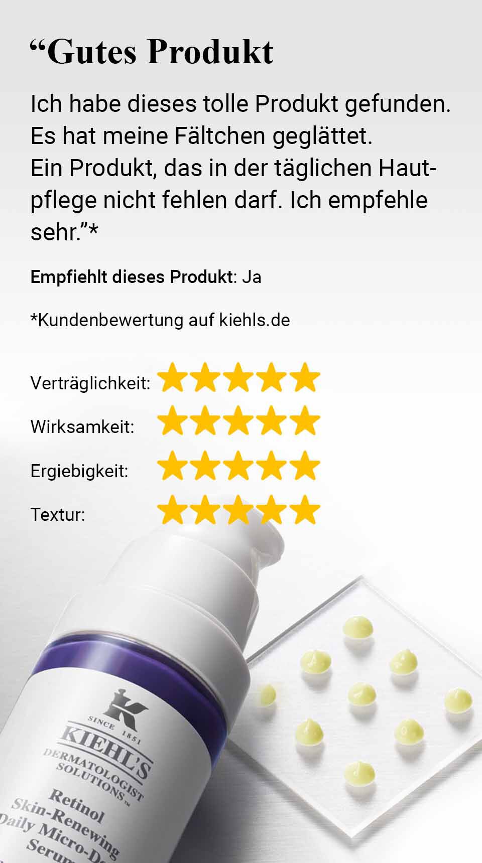 Kurze Beschreibung: Ein Kiehl's Produkt mit einer Bewertung von funf Sternen, das als "tolles Produkt" beschrieben wird. Es hebt seine Effektivitat und Textur hervor.
