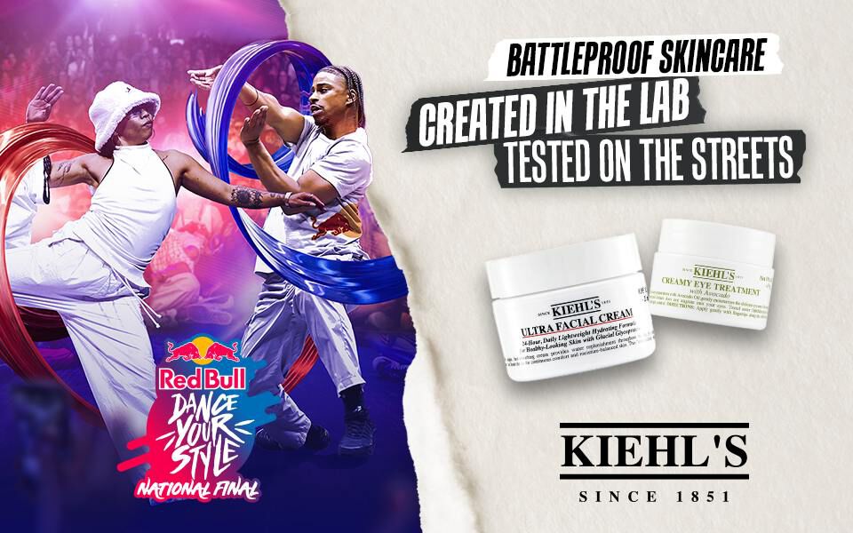 Kiehl's und Red Bull Dance Your Style National Final Kollaboration – "Battleproof Skincare, im Labor entwickelt, auf der Straße getestet", mit Ultra Facial Cream und Creamy Eye Treatment with Avocado