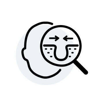 A minimalistic illustration of a face with a magnifying glass, highlighting features like a nose and mouth.
