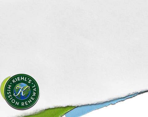Kiehl's Mission Renewal Logo mit grunem Kreis und blauem Globus, umgeben von grunen und blauen Papierkanten