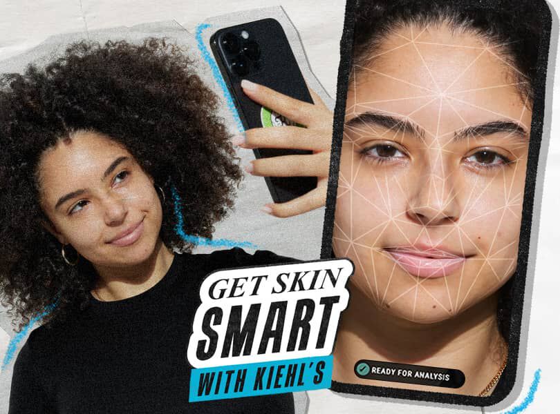 Eine Frau mit lockigem Haar hält ein Smartphone, das eine Hautanalyse zeigt, mit dem Slogan „Get Skin Smart“.