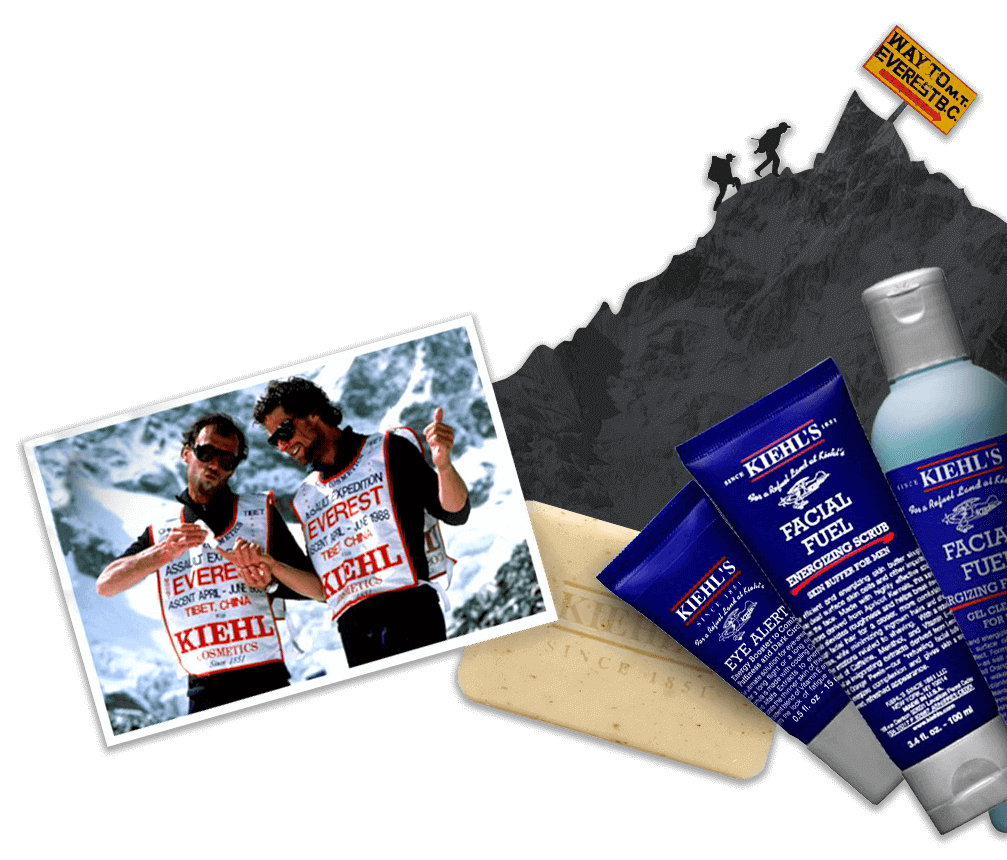 Hintergrundbild für Kiehls Heritage mit Bergsteigern und einigen Kiehls produkten